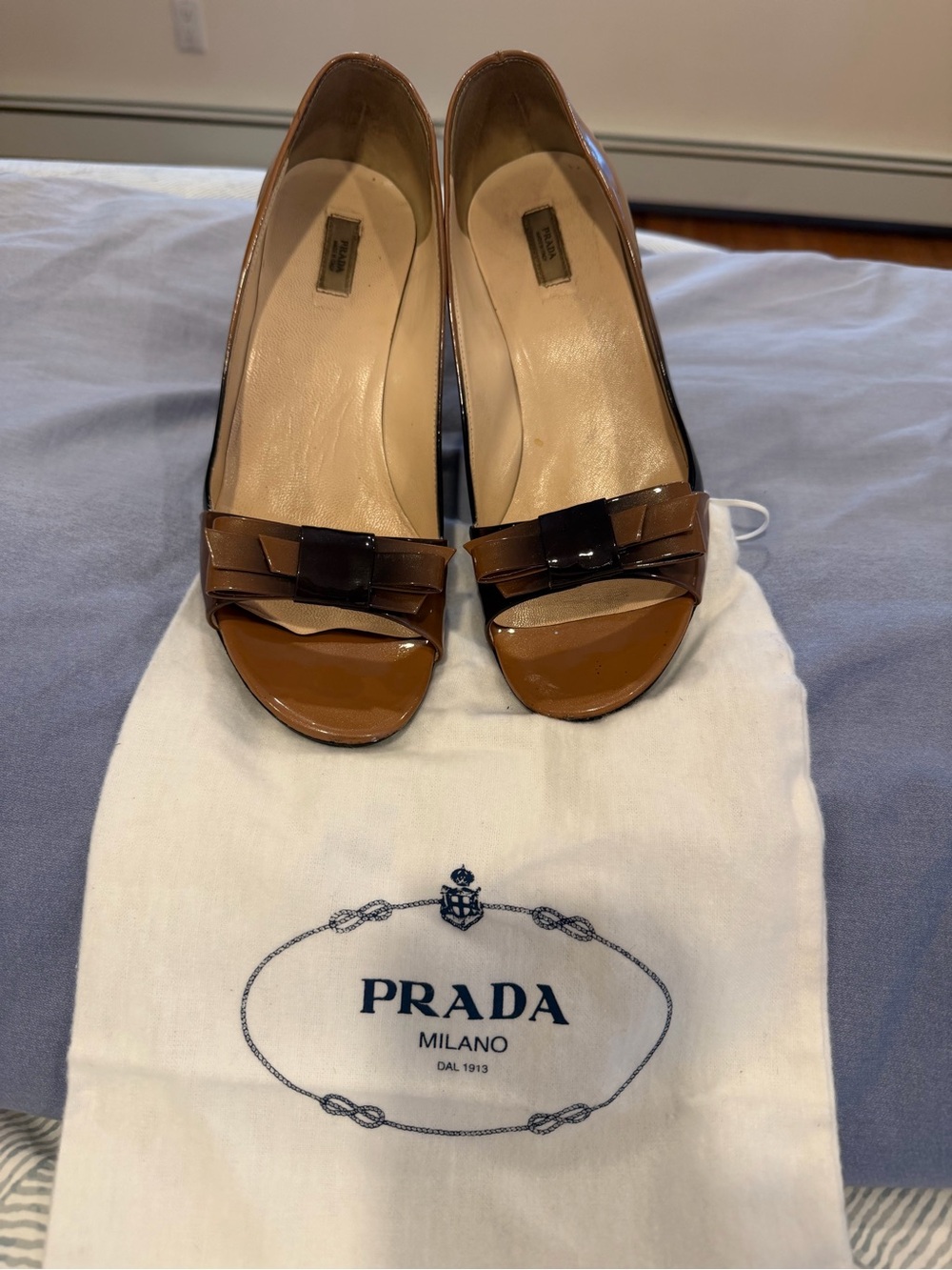 Prada Rose and Black Patent Leather Peep-Toe Heels with Bow Accent (sz 38)